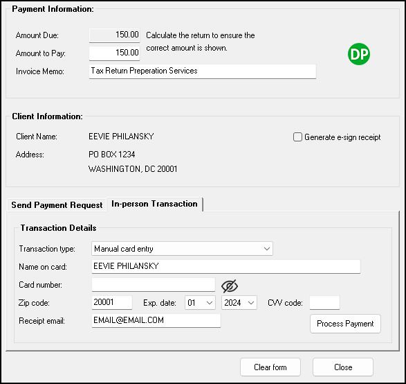 Performing a manual, in-person transaction via Drake Pay